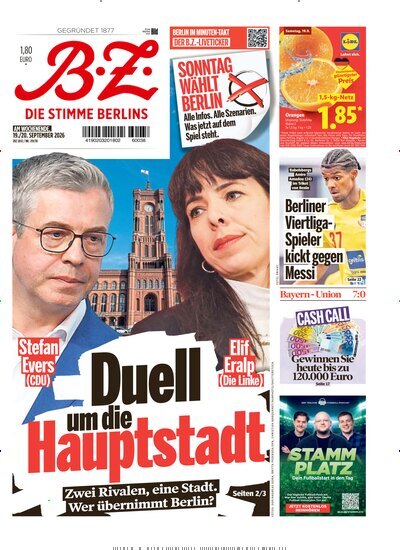 Titelbild der Ausgabe 219/2026 von B.Z.. Diese Zeitschrift und viele weitere Zeitungsabos als Abo oder epaper bei United Kiosk online kaufen.