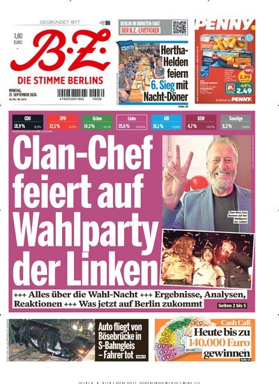 Titelbild der Ausgabe 220/2026 von B.Z.. Diese Zeitschrift und viele weitere Zeitungsabos als Abo oder epaper bei United Kiosk online kaufen.
