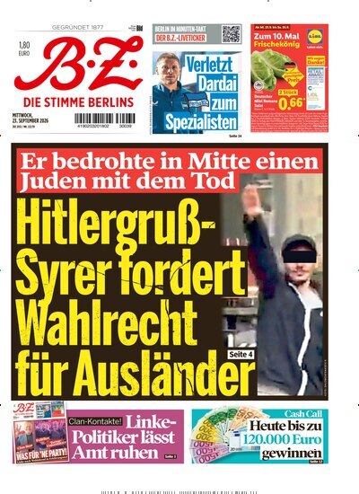 Titelbild der Ausgabe 222/2026 von B.Z.. Diese Zeitschrift und viele weitere Zeitungsabos als Abo oder epaper bei United Kiosk online kaufen.