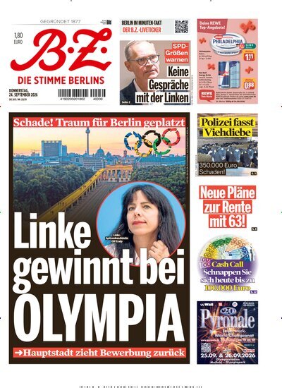 Titelbild der Ausgabe 223/2026 von B.Z.. Diese Zeitschrift und viele weitere Zeitungsabos als Abo oder epaper bei United Kiosk online kaufen.