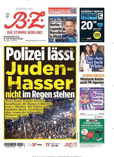Titelbild der Ausgabe 233/2025 von B.Z.. Diese Zeitschrift und viele weitere Zeitungsabos als Abo oder epaper bei United Kiosk online kaufen.