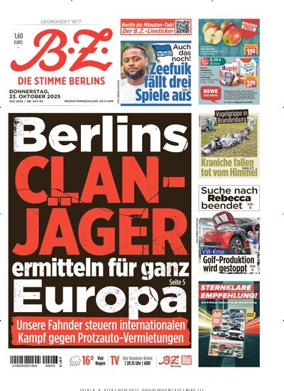 Titelbild der Ausgabe 245/2025 von B.Z.. Diese Zeitschrift und viele weitere Zeitungsabos als Abo oder epaper bei United Kiosk online kaufen.