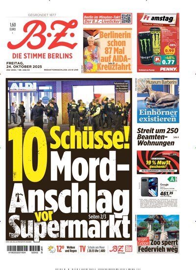 Titelbild der Ausgabe 246/2025 von B.Z.. Diese Zeitschrift und viele weitere Zeitungsabos als Abo oder epaper bei United Kiosk online kaufen.