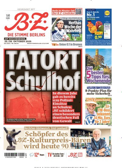 Titelbild der Ausgabe 247/2025 von B.Z.. Diese Zeitschrift und viele weitere Zeitungsabos als Abo oder epaper bei United Kiosk online kaufen.