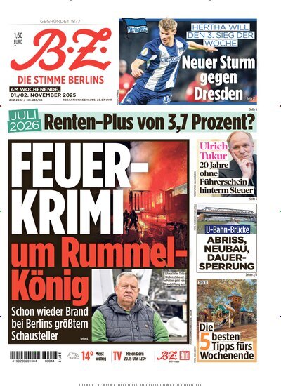 Titelbild der Ausgabe 253/2025 von B.Z.. Diese Zeitschrift und viele weitere Zeitungsabos als Abo oder epaper bei United Kiosk online kaufen.