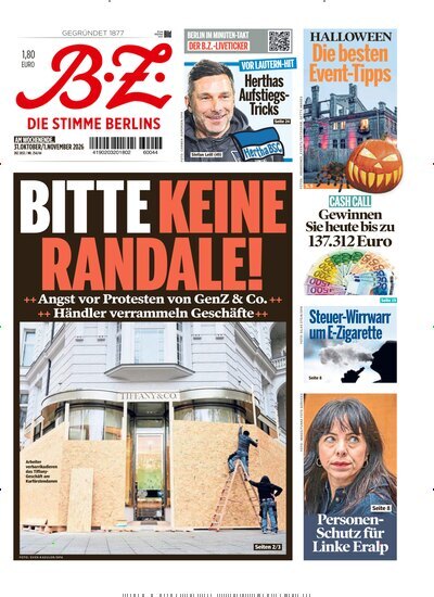 Titelbild der Ausgabe 254/2026 von B.Z.. Diese Zeitschrift und viele weitere Zeitungsabos als Abo oder epaper bei United Kiosk online kaufen.