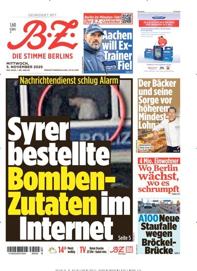 Titelbild der Ausgabe 256/2025 von B.Z.. Diese Zeitschrift und viele weitere Zeitungsabos als Abo oder epaper bei United Kiosk online kaufen.