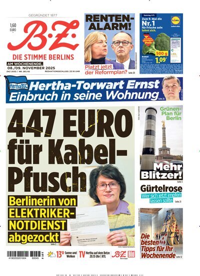 Titelbild der Ausgabe 259/2025 von B.Z.. Diese Zeitschrift und viele weitere Zeitungsabos als Abo oder epaper bei United Kiosk online kaufen.