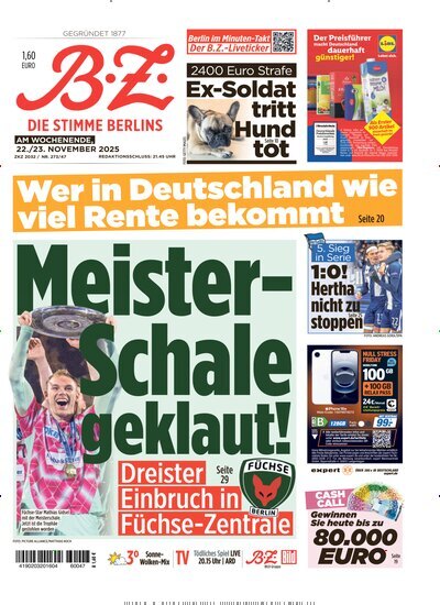 Titelbild der Ausgabe 271/2025 von B.Z.. Diese Zeitschrift und viele weitere Zeitungsabos als Abo oder epaper bei United Kiosk online kaufen.