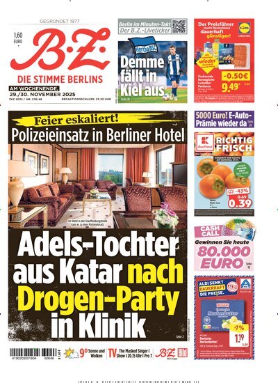 Titelbild der Ausgabe 277/2025 von B.Z.. Diese Zeitschrift und viele weitere Zeitungsabos als Abo oder epaper bei United Kiosk online kaufen.
