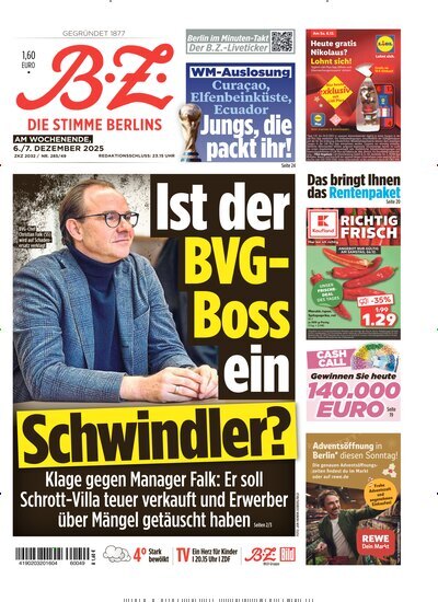 Titelbild der Ausgabe 282/2025 von B.Z.. Diese Zeitschrift und viele weitere Zeitungsabos als Abo oder epaper bei United Kiosk online kaufen.