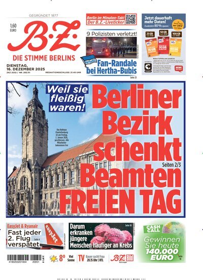 Titelbild der Ausgabe 290/2025 von B.Z.. Diese Zeitschrift und viele weitere Zeitungsabos als Abo oder epaper bei United Kiosk online kaufen.