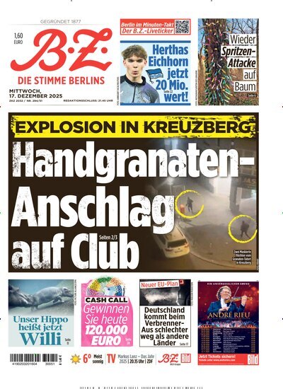 Titelbild der Ausgabe 291/2025 von B.Z.. Diese Zeitschrift und viele weitere Zeitungsabos als Abo oder epaper bei United Kiosk online kaufen.