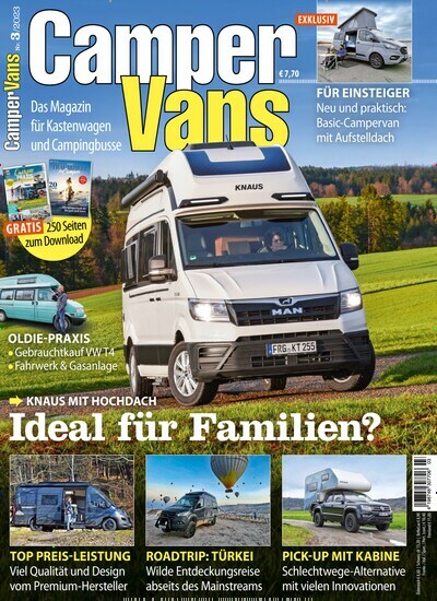 Titelbild der Ausgabe 3/2023 von Camper Vans. Diese Zeitschrift und viele weitere Automagazine und Motorradzeitschriften als Abo oder epaper bei United Kiosk online kaufen.