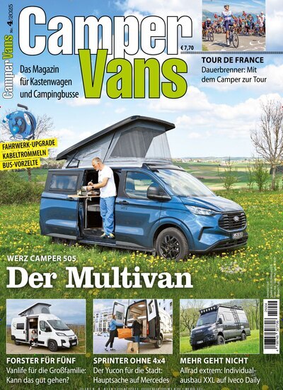 Titelbild der Ausgabe 4/2025 von Camper Vans. Diese Zeitschrift und viele weitere Automagazine und Motorradzeitschriften als Abo oder epaper bei United Kiosk online kaufen.