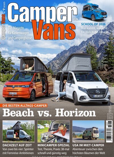 Titelbild der Ausgabe 7/2025 von Camper Vans. Diese Zeitschrift und viele weitere Automagazine und Motorradzeitschriften als Abo oder epaper bei United Kiosk online kaufen.
