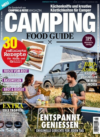 Titelbild der Ausgabe 1/2023 von Camping Food Guide. Diese Zeitschrift und viele weitere Automagazine und Motorradzeitschriften als Abo oder epaper bei United Kiosk online kaufen.