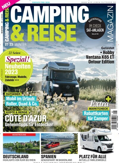 Titelbild der Ausgabe 1/2023 von Camping & Reise Magazin. Diese Zeitschrift und viele weitere Automagazine und Motorradzeitschriften als Abo oder epaper bei United Kiosk online kaufen.