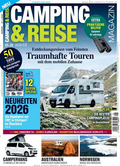 Titelbild der Ausgabe 1/2026 von Camping & Reise Magazin. Diese Zeitschrift und viele weitere Automagazine und Motorradzeitschriften als Abo oder epaper bei United Kiosk online kaufen.