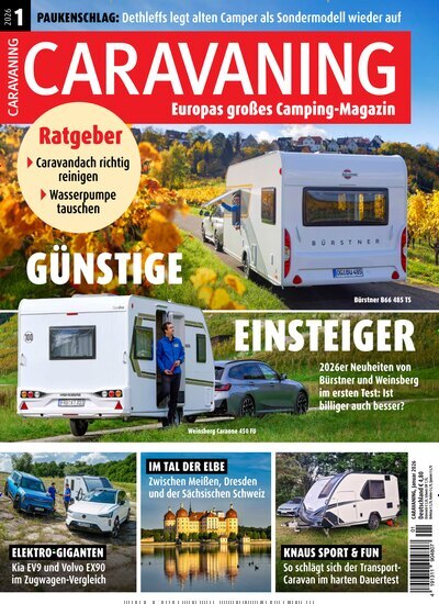 Titelbild der Ausgabe 1/2026 von Caravaning. Diese Zeitschrift und viele weitere Automagazine und Motorradzeitschriften als Abo oder epaper bei United Kiosk online kaufen.