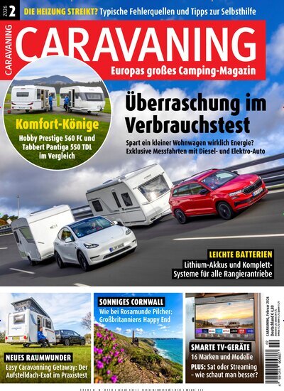Titelbild der Ausgabe 2/2026 von Caravaning. Diese Zeitschrift und viele weitere Automagazine und Motorradzeitschriften als Abo oder epaper bei United Kiosk online kaufen.