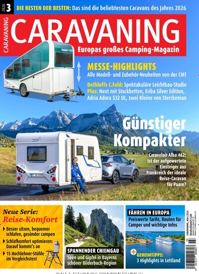 Titelbild der Ausgabe 3/2026 von Caravaning. Diese Zeitschrift und viele weitere Automagazine und Motorradzeitschriften als Abo oder epaper bei United Kiosk online kaufen.