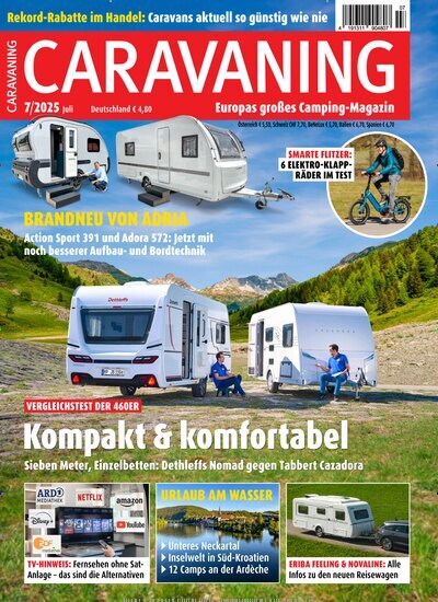 Titelbild der Ausgabe 7/2025 von Caravaning. Diese Zeitschrift und viele weitere Automagazine und Motorradzeitschriften als Abo oder epaper bei United Kiosk online kaufen.