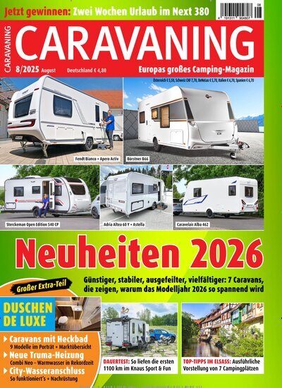 Titelbild der Ausgabe 8/2025 von Caravaning. Diese Zeitschrift und viele weitere Automagazine und Motorradzeitschriften als Abo oder epaper bei United Kiosk online kaufen.