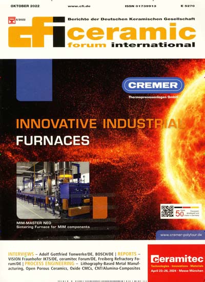 Titelbild der Ausgabe 10/2022 von CFI Ceramic Forum International. Diese Zeitschrift und viele weitere Industriemagazine und Handwerkmagazine als Abo oder epaper bei United Kiosk online kaufen.