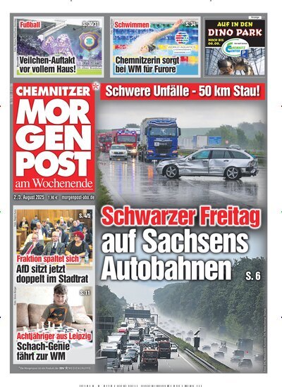 Titelbild der Ausgabe 180/2025 von Chemnitzer Morgenpost. Diese Zeitschrift und viele weitere Zeitungsabos als Abo oder epaper bei United Kiosk online kaufen.