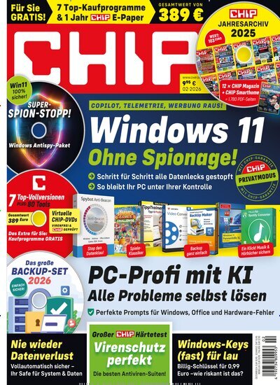 Titelbild der Ausgabe 2/2026 von Chip. Diese Zeitschrift und viele weitere Computerzeitschriften, Tabletmagazine und Smartphonemagazine als Abo oder epaper bei United Kiosk online kaufen.