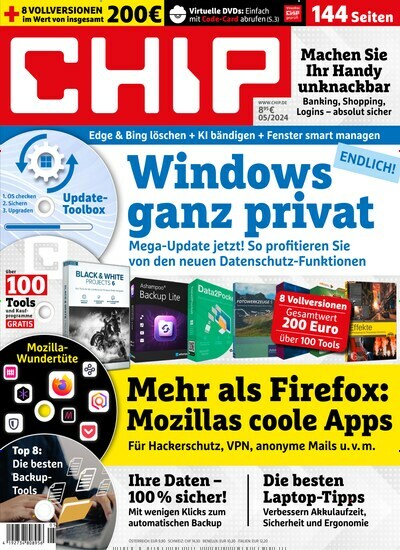Titelbild der Ausgabe 5/2024 von Chip. Diese Zeitschrift und viele weitere Computerzeitschriften, Tabletmagazine und Smartphonemagazine als Abo oder epaper bei United Kiosk online kaufen.