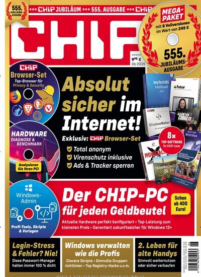 Titelbild der Ausgabe 6/2025 von Chip. Diese Zeitschrift und viele weitere Computerzeitschriften, Tabletmagazine und Smartphonemagazine als Abo oder epaper bei United Kiosk online kaufen.