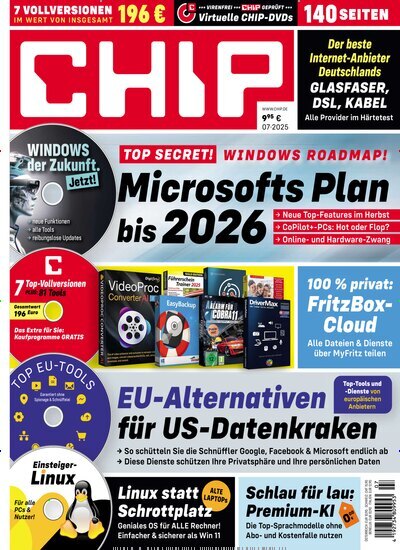 Titelbild der Ausgabe 7/2025 von Chip. Diese Zeitschrift und viele weitere Computerzeitschriften, Tabletmagazine und Smartphonemagazine als Abo oder epaper bei United Kiosk online kaufen.