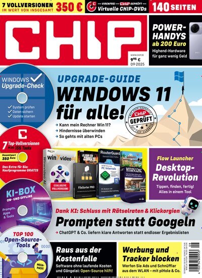 Titelbild der Ausgabe 9/2025 von Chip. Diese Zeitschrift und viele weitere Computerzeitschriften, Tabletmagazine und Smartphonemagazine als Abo oder epaper bei United Kiosk online kaufen.
