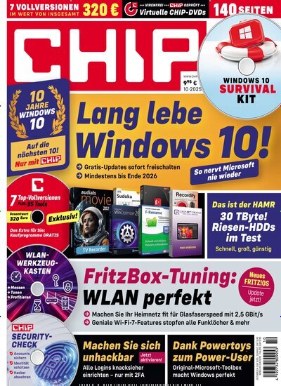 Titelbild der Ausgabe 10/2025 von Chip. Diese Zeitschrift und viele weitere Computerzeitschriften, Tabletmagazine und Smartphonemagazine als Abo oder epaper bei United Kiosk online kaufen.