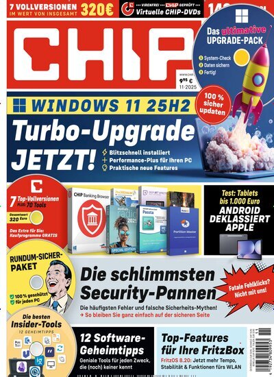 Titelbild der Ausgabe 11/2025 von Chip. Diese Zeitschrift und viele weitere Computerzeitschriften, Tabletmagazine und Smartphonemagazine als Abo oder epaper bei United Kiosk online kaufen.