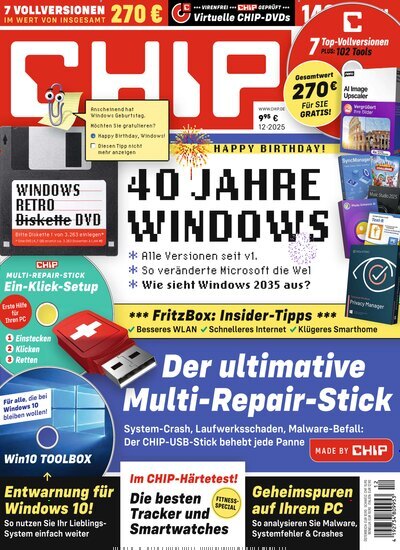 Titelbild der Ausgabe 12/2025 von Chip. Diese Zeitschrift und viele weitere Computerzeitschriften, Tabletmagazine und Smartphonemagazine als Abo oder epaper bei United Kiosk online kaufen.