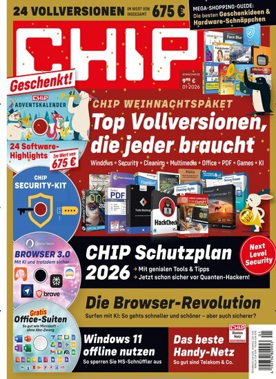 Titelbild der Ausgabe 1/2026 von Chip Plus. Diese Zeitschrift und viele weitere Computerzeitschriften, Tabletmagazine und Smartphonemagazine als Abo oder epaper bei United Kiosk online kaufen.