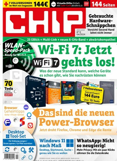 Titelbild der Ausgabe 4/2024 von Chip Plus. Diese Zeitschrift und viele weitere Computerzeitschriften, Tabletmagazine und Smartphonemagazine als Abo oder epaper bei United Kiosk online kaufen.