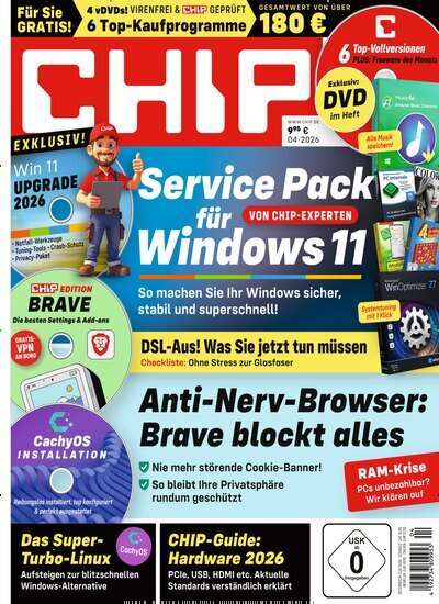 Titelbild der Ausgabe 4/2026 von Chip Plus. Diese Zeitschrift und viele weitere Computerzeitschriften, Tabletmagazine und Smartphonemagazine als Abo oder epaper bei United Kiosk online kaufen.
