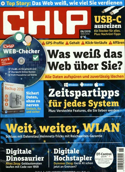 Titelbild der Ausgabe 6/2019 von Chip Plus. Diese Zeitschrift und viele weitere Computerzeitschriften, Tabletmagazine und Smartphonemagazine als Abo oder epaper bei United Kiosk online kaufen.