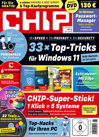 Titelbild der Ausgabe 6/2026 von Chip Plus. Diese Zeitschrift und viele weitere Computerzeitschriften, Tabletmagazine und Smartphonemagazine als Abo oder epaper bei United Kiosk online kaufen.