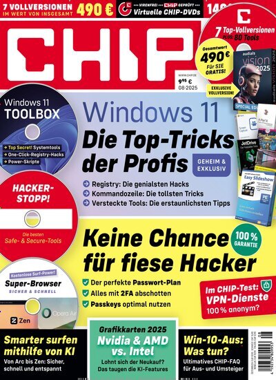 Titelbild der Ausgabe 8/2025 von Chip Plus. Diese Zeitschrift und viele weitere Computerzeitschriften, Tabletmagazine und Smartphonemagazine als Abo oder epaper bei United Kiosk online kaufen.