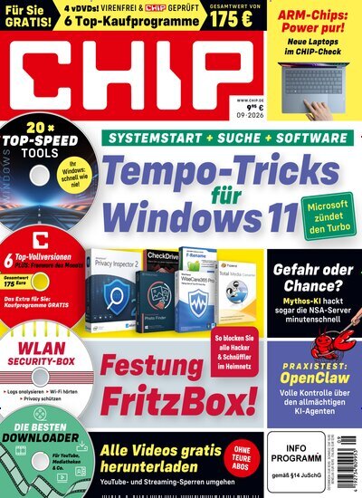 Titelbild der Ausgabe 9/2026 von Chip Plus. Diese Zeitschrift und viele weitere Computerzeitschriften, Tabletmagazine und Smartphonemagazine als Abo oder epaper bei United Kiosk online kaufen.