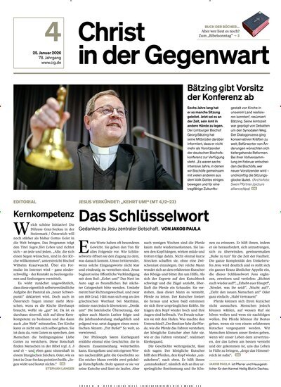 Titelbild der Ausgabe 4/2026 von Christ in der Gegenwart. Diese Zeitschrift und viele weitere Kunstmagazine und Kulturmagazine als Abo oder epaper bei United Kiosk online kaufen.