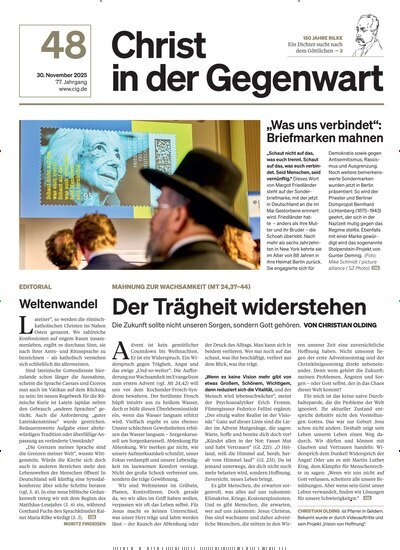Titelbild der Ausgabe 48/2025 von Christ in der Gegenwart. Diese Zeitschrift und viele weitere Kunstmagazine und Kulturmagazine als Abo oder epaper bei United Kiosk online kaufen.