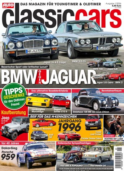 Titelbild der Ausgabe 1/2026 von classic cars. Diese Zeitschrift und viele weitere Automagazine und Motorradzeitschriften als Abo oder epaper bei United Kiosk online kaufen.