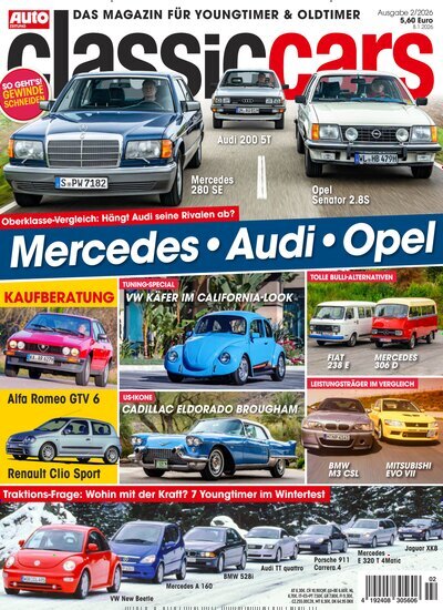 Titelbild der Ausgabe 2/2026 von classic cars. Diese Zeitschrift und viele weitere Automagazine und Motorradzeitschriften als Abo oder epaper bei United Kiosk online kaufen.