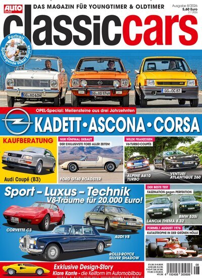 Titelbild der Ausgabe 8/2026 von classic cars. Diese Zeitschrift und viele weitere Automagazine und Motorradzeitschriften als Abo oder epaper bei United Kiosk online kaufen.